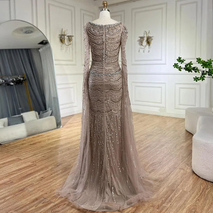 Luxury Beaded Caramel Evening Dress with Cape Sleeve LA72604