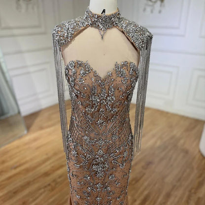 Luxury Dubai Caramel Mermaid Tassel Beaded Evening Dress LA72237A