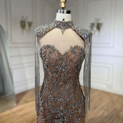 Luxury Dubai Caramel Mermaid Tassel Beaded Evening Dress LA72237A