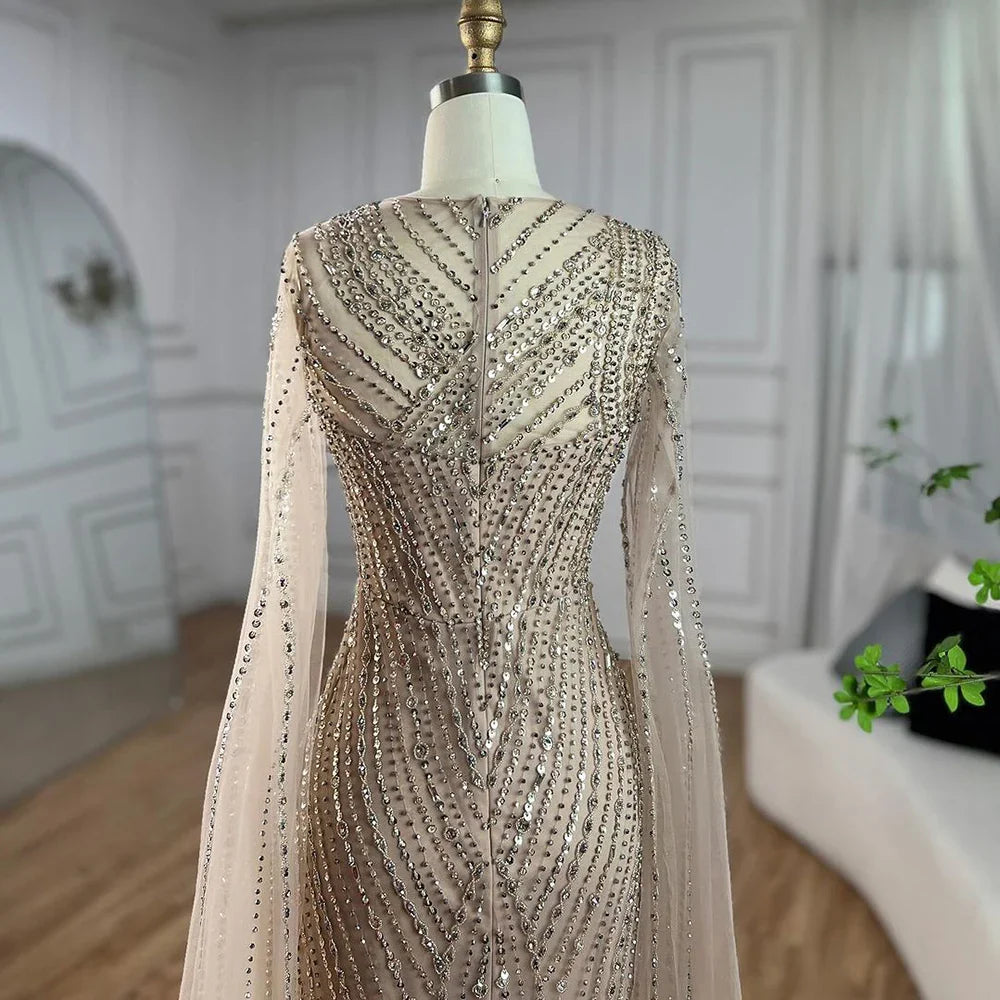 Luxury Nude Beaded Mermaid Evening Dress with Cape Sleeves LA71429B