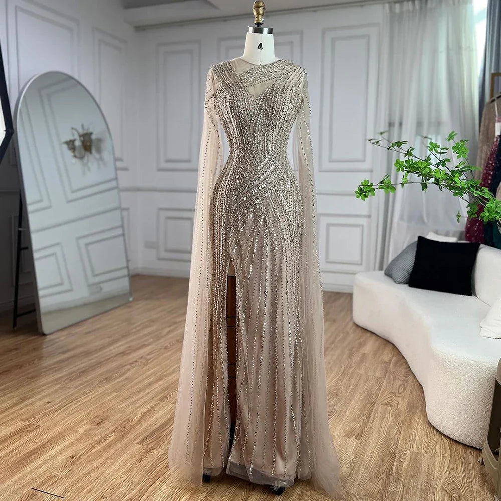 Luxury Nude Beaded Mermaid Evening Dress with Cape Sleeves LA71429B