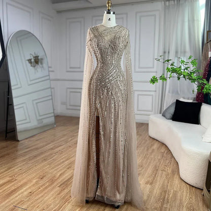 Luxury Nude Beaded Mermaid Evening Dress with Cape Sleeves LA71429B