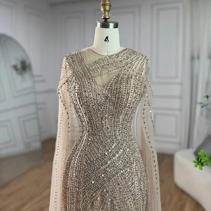 Luxury Nude Beaded Mermaid Evening Dress with Cape Sleeves LA71429B