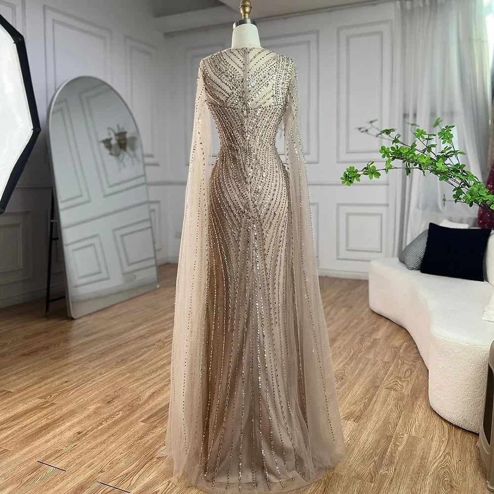 Luxury Nude Beaded Mermaid Evening Dress with Cape Sleeves LA71429B