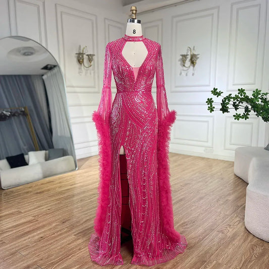 Serene Hill Arabic Luxury Fuchsia Evening Dress with Cape Sleeves LA72597