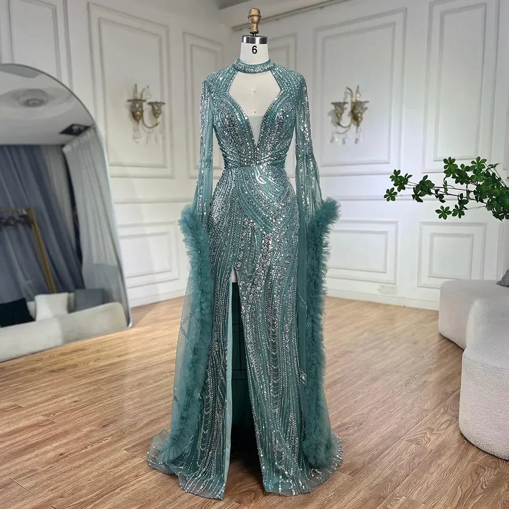 Serene Hill Arabic Luxury Fuchsia Evening Dress with Cape Sleeves LA72597