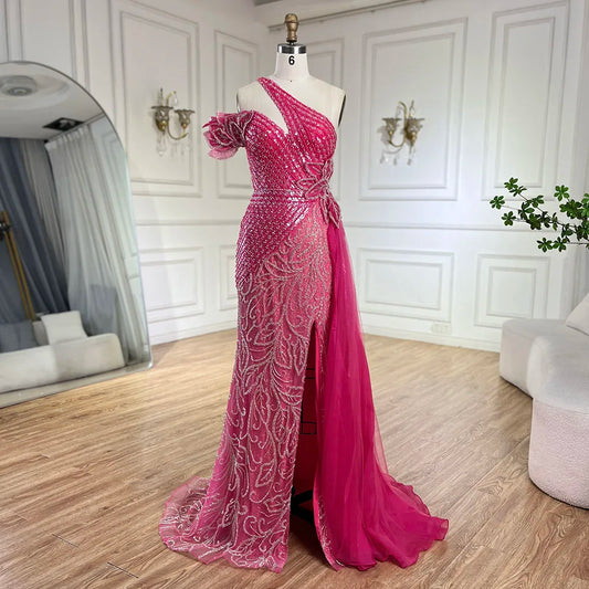 Serene Hill Arabic Fuchsia One-Shoulder Tulle Overskirt Mermaid Beaded Evening Gown for Women | Wedding Party 2025 LA72599