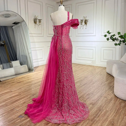 فستان سهرة عربيّ من سيرين هيل، بلون الفوشيا، بكتف واحد، من التول، بتصميم حورية البحر، مرصّع بالخرز، للنساء | حفل زفاف ٢٠٢٥ LA72599 