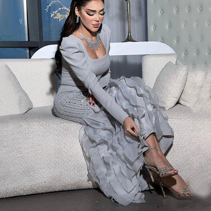 Serene Hill Arabic Gray Mermaid Elegant Ankle Length Beaded Satin Luxury Evening Dresses Gowns For Women Party 2025 LA72317