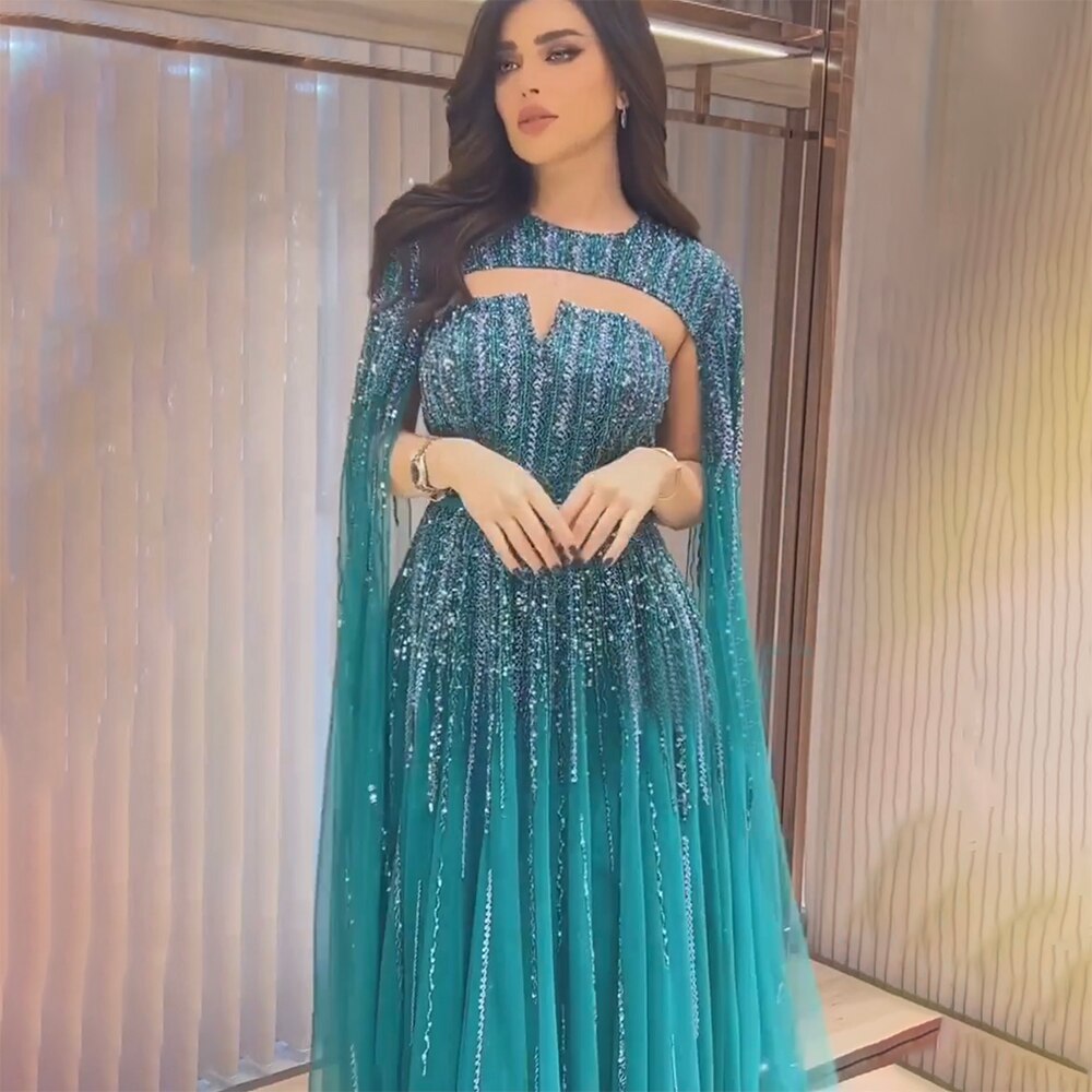 Luxury Dubai Fuchsia Evening Dress with Cape Sleeves LA71912