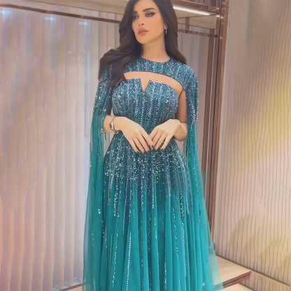 Luxury Dubai Fuchsia Evening Dress with Cape Sleeves LA71912
