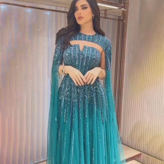 Luxury Dubai Fuchsia Evening Dress with Cape Sleeves LA71912