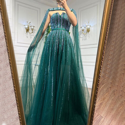 Luxury Dubai Fuchsia Evening Dress with Cape Sleeves LA71912