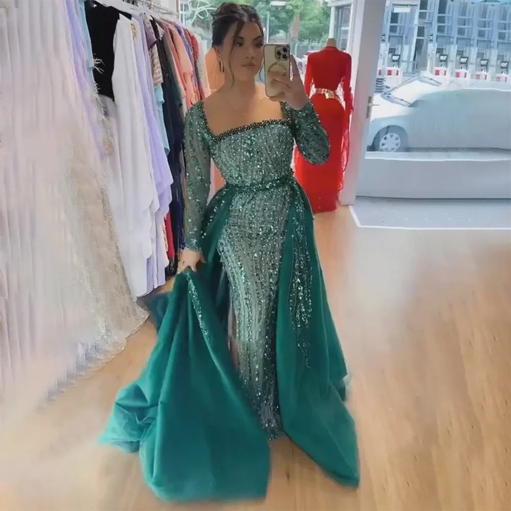 Modest Green Mermaid Evening Dress with Overskirt LA72710