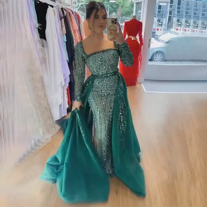 Modest Green Mermaid Evening Dress with Overskirt LA72710