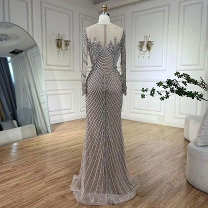 Muslim Elegant Crystal Pearls Evening Dresses With Long Sleeve LA72478