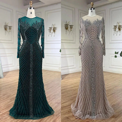 Muslim Elegant Crystal Pearls Evening Dresses With Long Sleeve LA72478