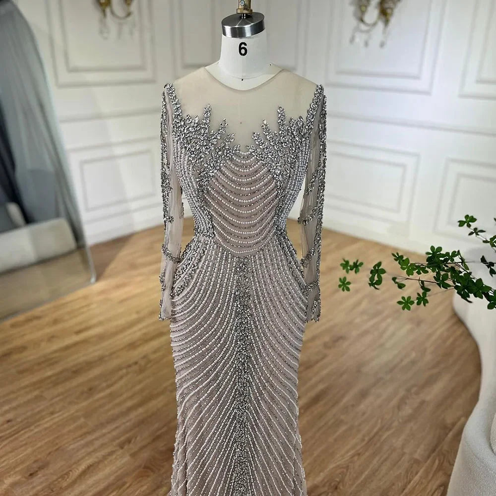 Muslim Elegant Crystal Pearls Evening Dresses With Long Sleeve LA72478