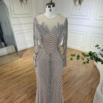 Muslim Elegant Crystal Pearls Evening Dresses With Long Sleeve LA72478