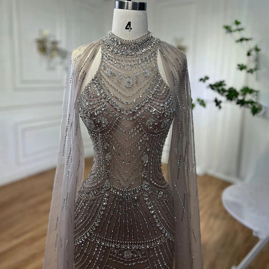 Luxury Dubai Arabic Luxury Dubai Caramel Mermaid Cape Sleeves Beaded Evening Dresses Gowns   For Women Party LA72138