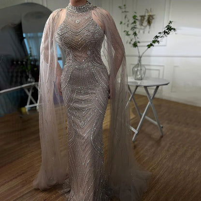 Luxury Dubai Arabic Luxury Dubai Caramel Mermaid Cape Sleeves Beaded Evening Dresses Gowns   For Women Party LA72138