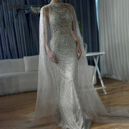 Luxury Dubai Arabic Luxury Dubai Caramel Mermaid Cape Sleeves Beaded Evening Dresses Gowns   For Women Party LA72138
