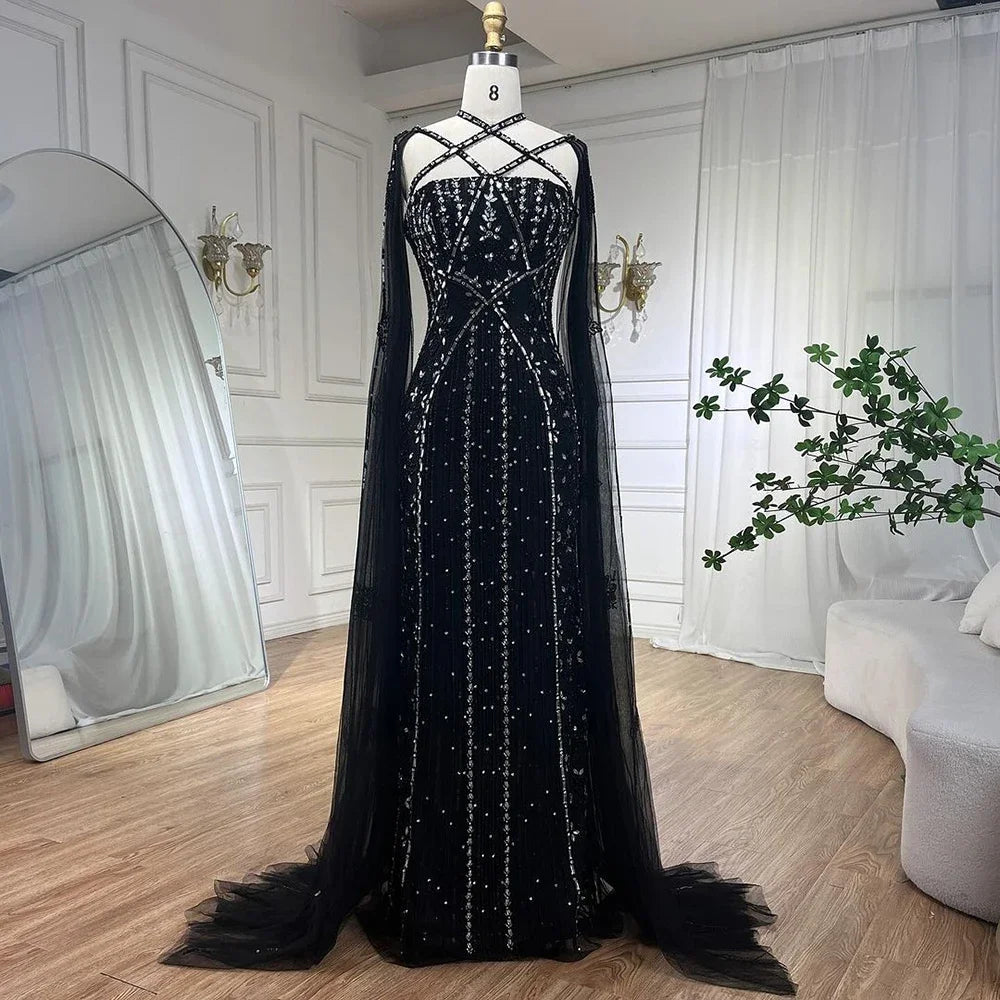 Luxury Aqua Lilac Mermaid Evening Dress with Cape Sleeves LA71905