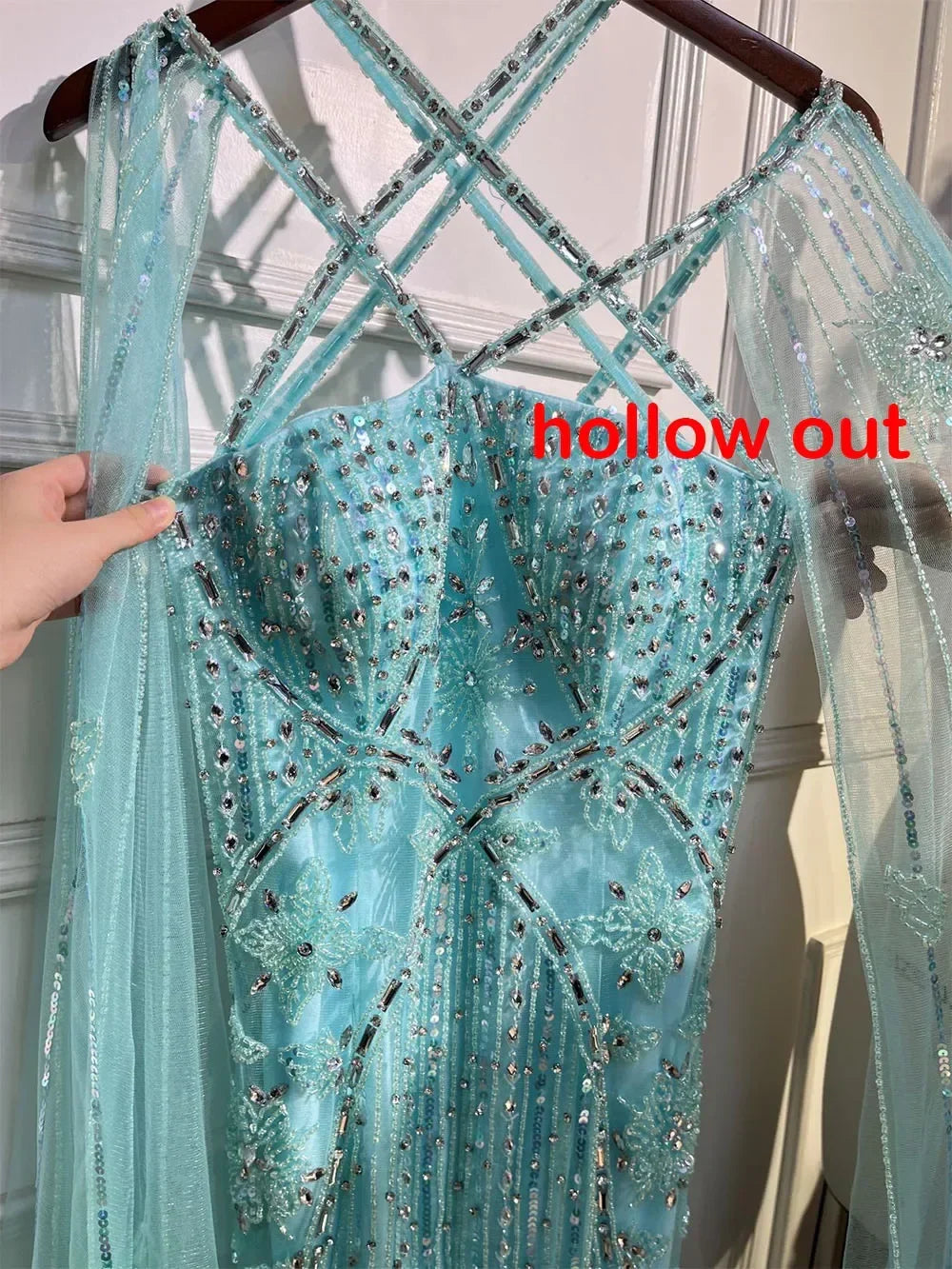 Luxury Aqua Lilac Mermaid Evening Dress with Cape Sleeves LA71905