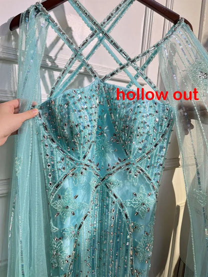 Luxury Aqua Lilac Mermaid Evening Dress with Cape Sleeves LA71905