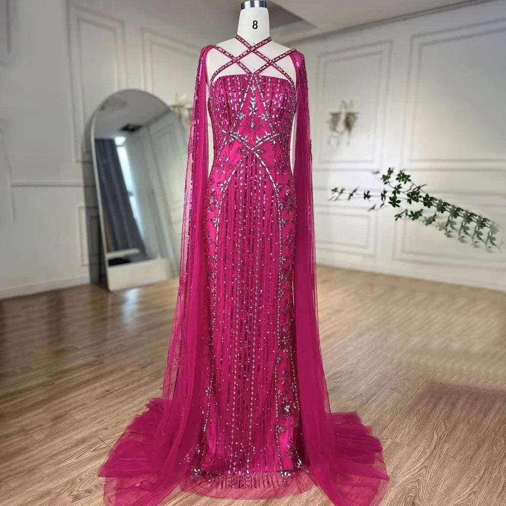 Luxury Aqua Lilac Mermaid Evening Dress with Cape Sleeves LA71905