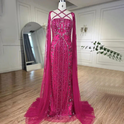 Luxury Aqua Lilac Mermaid Evening Dress with Cape Sleeves LA71905