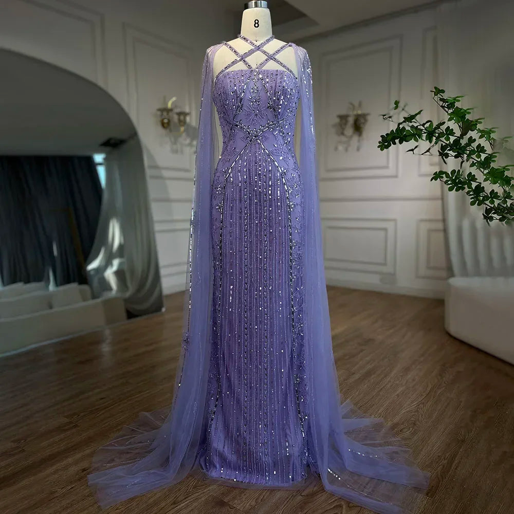 Luxury Aqua Lilac Mermaid Evening Dress with Cape Sleeves LA71905