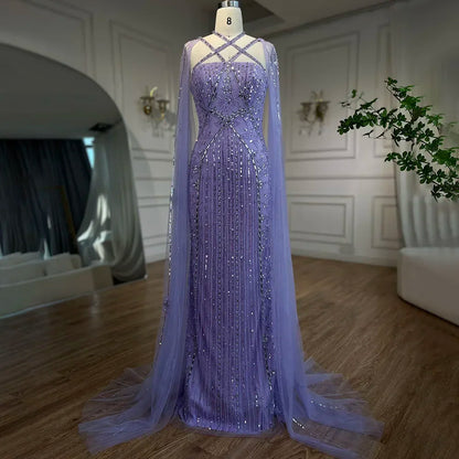 Luxury Aqua Lilac Mermaid Evening Dress with Cape Sleeves LA71905