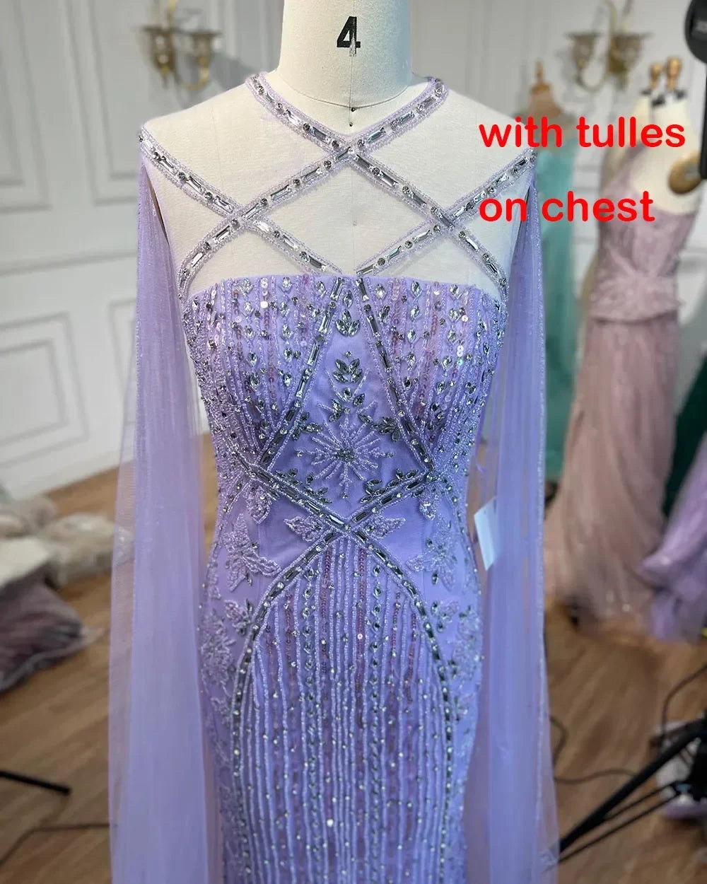 Luxury Aqua Lilac Mermaid Evening Dress with Cape Sleeves LA71905