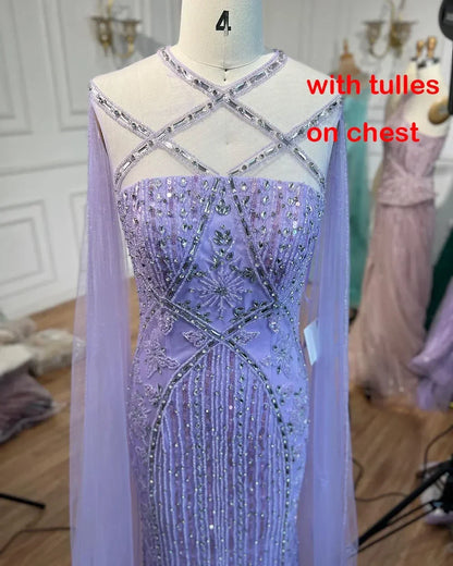 Luxury Aqua Lilac Mermaid Evening Dress with Cape Sleeves LA71905