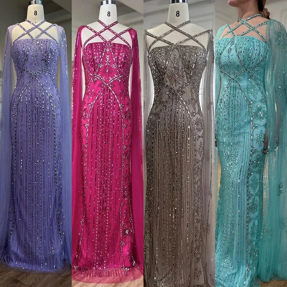 Luxury Aqua Lilac Mermaid Evening Dress with Cape Sleeves LA71905