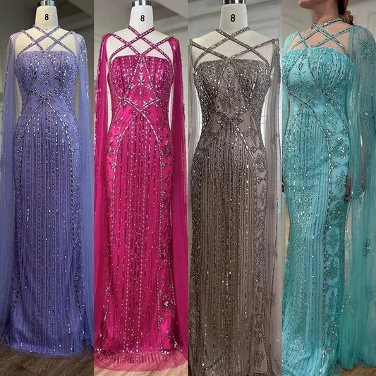 Luxury Aqua Lilac Mermaid Evening Dress with Cape Sleeves LA71905