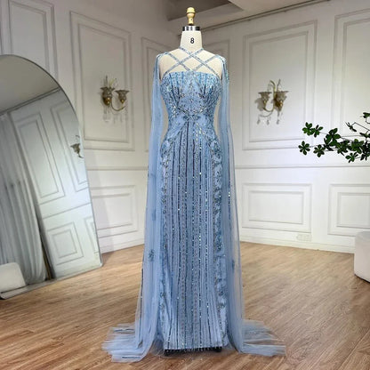 Luxury Aqua Lilac Mermaid Evening Dress with Cape Sleeves LA71905