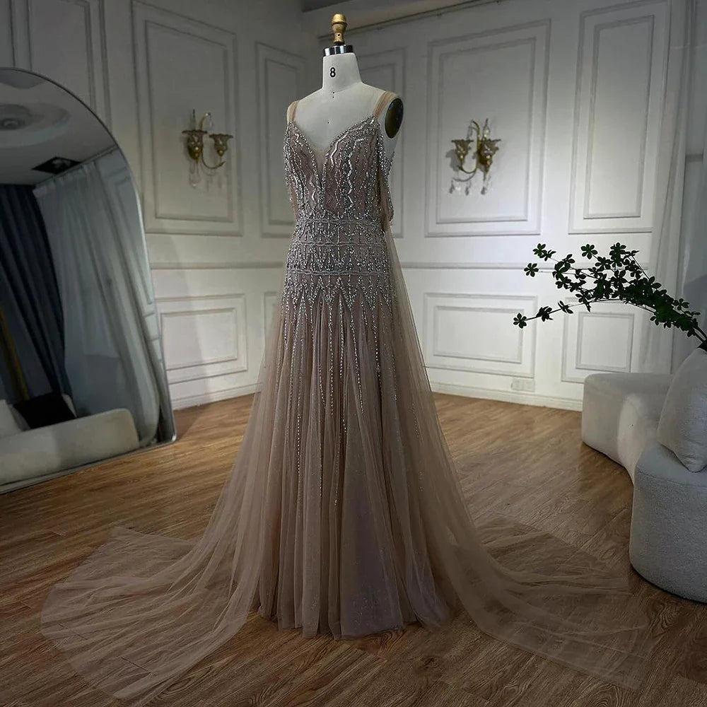 Serene Hill Arabic Nude A Line Spaghetti Strap Beaded Luxury Evening Dresses LA71911L