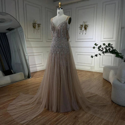 Serene Hill Arabic Nude A Line Spaghetti Strap Beaded Luxury Evening Dresses LA71911L