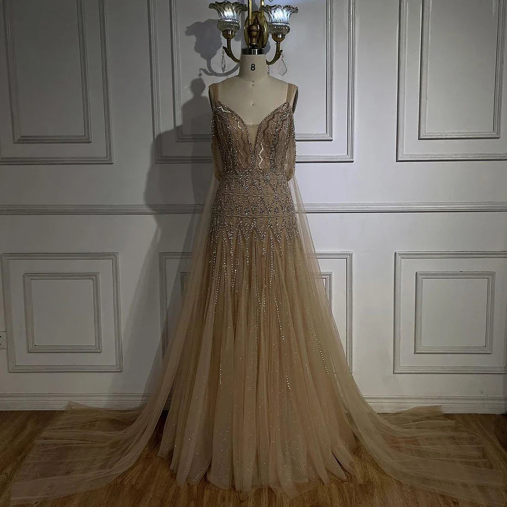 Serene Hill Arabic Nude A Line Spaghetti Strap Beaded Luxury Evening Dresses LA71911L