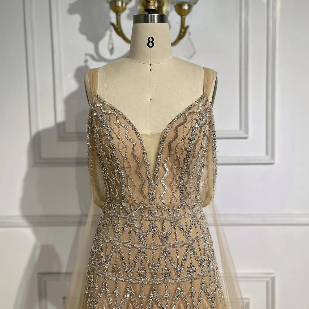 Serene Hill Arabic Nude A Line Spaghetti Strap Beaded Luxury Evening Dresses LA71911L
