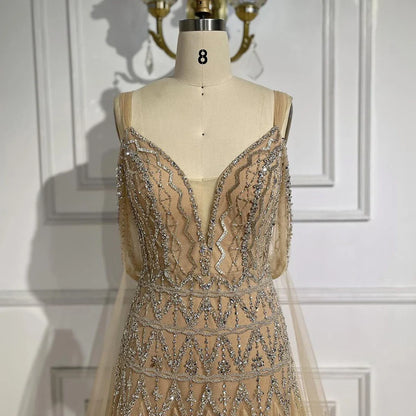 Serene Hill Arabic Nude A Line Spaghetti Strap Beaded Luxury Evening Dresses LA71911L