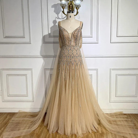 Serene Hill Arabic Nude A Line Spaghetti Strap Beaded Luxury Evening Dresses LA71911L