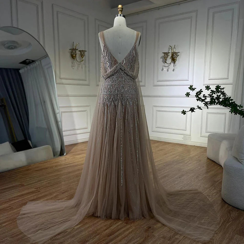 Serene Hill Arabic Nude A Line Spaghetti Strap Beaded Luxury Evening Dresses LA71911L