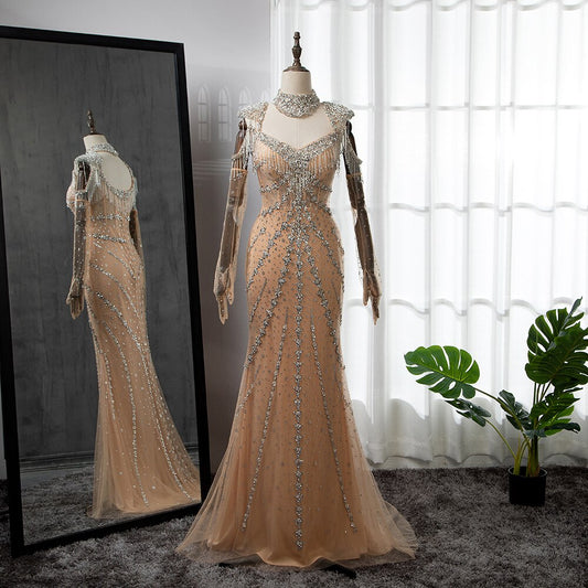 Serene Hill Luxury Arabic Nude  Kendall Jenner Mermaid  Evening Dresses  Beaded Tassel  LA71540