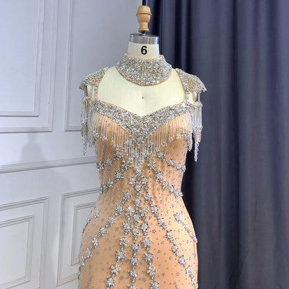 Serene Hill Luxury Arabic Nude  Kendall Jenner Mermaid  Evening Dresses  Beaded Tassel  LA71540