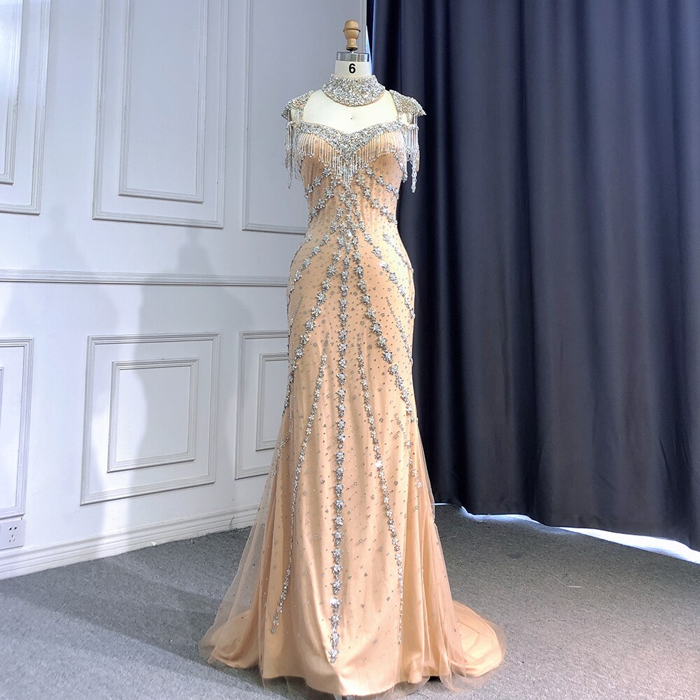 Serene Hill Luxury Arabic Nude  Kendall Jenner Mermaid  Evening Dresses  Beaded Tassel  LA71540
