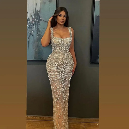 Luxury Dubai Arabic Nude Spaghetti Strap Mermaid Luxury Pearls Beaded Evening Gown for Women | Wedding Party  LA72606A
