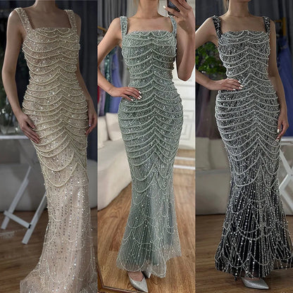 Luxury Dubai Arabic Nude Spaghetti Strap Mermaid Luxury Pearls Beaded Evening Gown for Women | Wedding Party  LA72606A